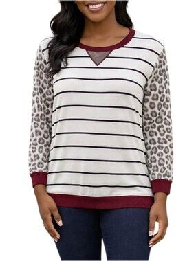 Honeyme Size Medium Top Striped & Leopard Print Pullover Burgundy Trim
